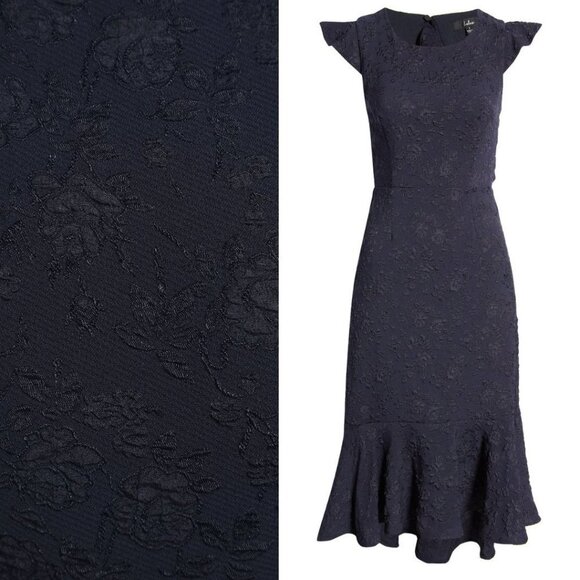 Lulu's Jacquard Sophisticated Soiree Navy Blue High Low Open Back Ruffles - Picture 5 of 15